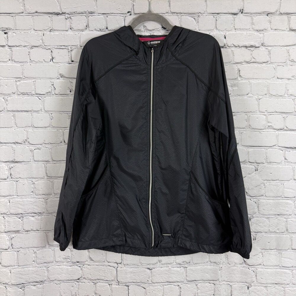 Sunice Black Lightweight Hooded Windbreaker Jacket Women Large Full Zip Packable